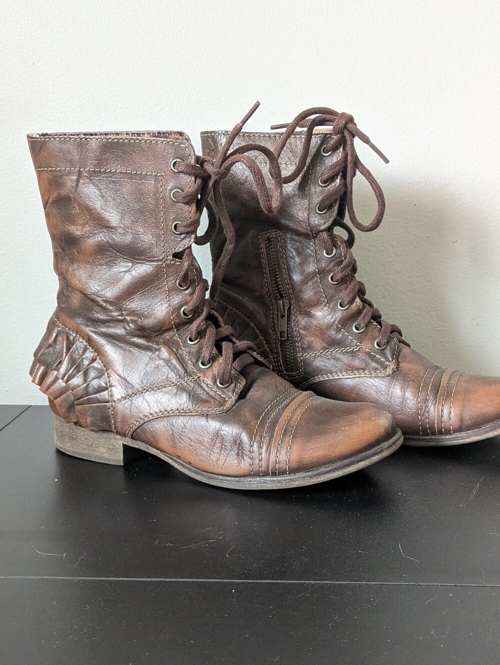 Betsey Johnson Vintage Distressed Brown Leather Combat Boots with Fringe Heel - Picture 2 of 10